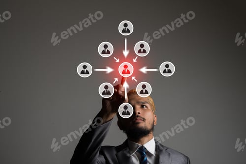 Preview: Businessman Hand Touching On Screen Interface, Business People Social Network Connection Concept.