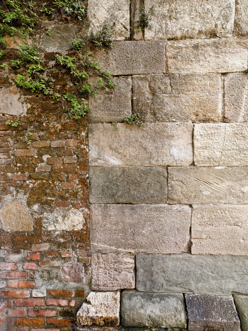 Preview: Weeds And Moss Find A Home In The Old Italian Wall Of Stone Blocks And Bricks Hundreds Of Years Old.