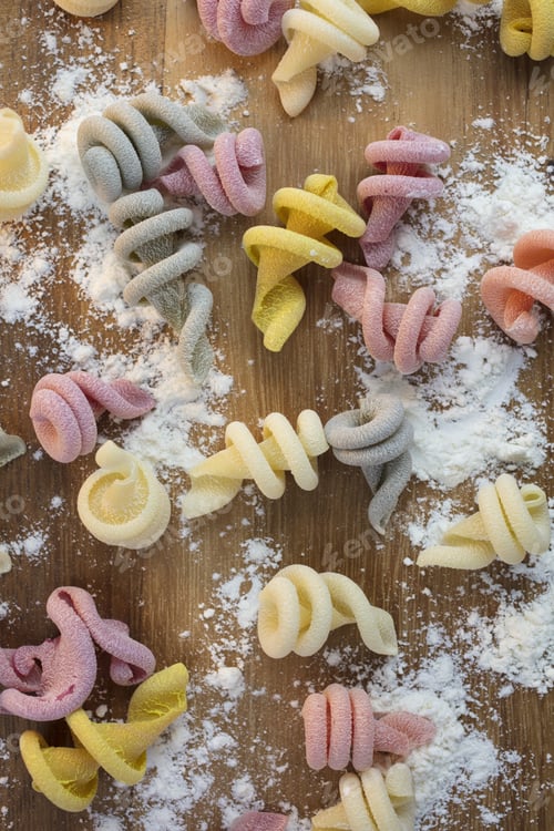 Preview: Curly And Twisted Pasta Shapes On A Cutting Board In Various Colors Of Pink, Yellow, Green And White