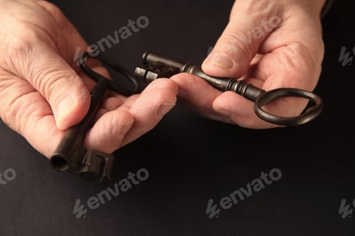 Preview: Older Man Holds Two Large, Old Keys On A Black Surface With Copy Space.