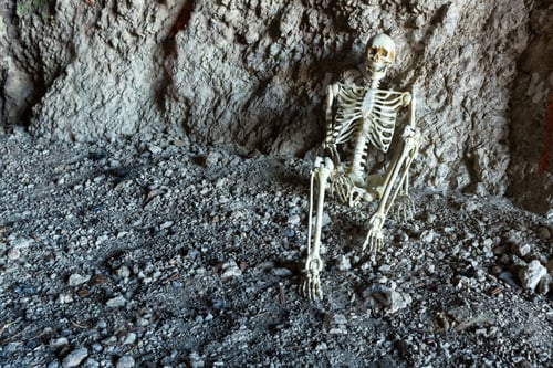 Preview: Skeleton In A Dark Cave In The Ground Lying On Rocks