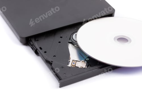 Preview: Closeup Of An Open External Computer Dvd Cd Drive With A White Dvd Disk Ready To Insert