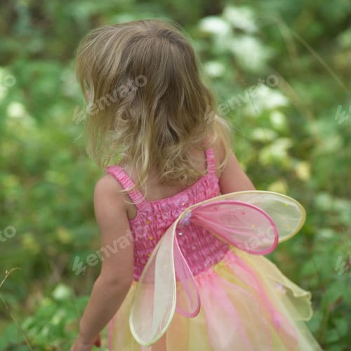 Preview: Rear View Of A Young Girl In A Fairy Costume Standing In A Garden,