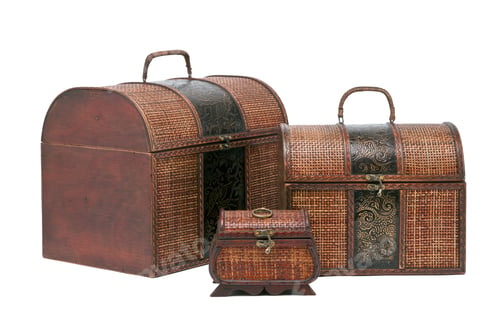 Preview: Close-Up Image Of Three Old Fashioned Brown Box Against Plain White Background.