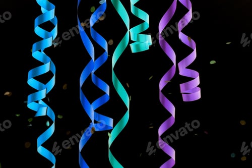 Preview: Detail Of Multi-Colored Curling Ribbons And Falling Confetti On Black Background