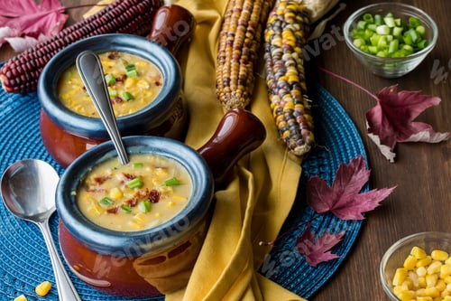 Preview: Close Up Of Soup Crocks Filled With Corn Chowder Ready For Eating.
