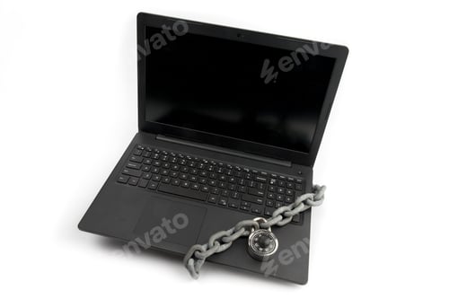 Preview: An Open Notebook Computer With A Chain And Combination Lock Wrapped Around The Keyboard Isolated On