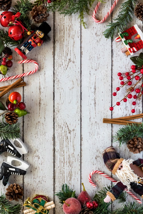 Preview: A Flat Lay View Of An Arrangement Of Christmas Decorations And Pine Branches With Copy Space In The
