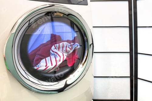 Preview: Colorful Laundry Behind The Closed Door Of A Front Loading Electric Dryer