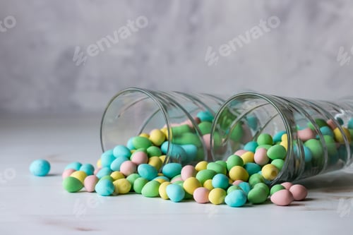 Preview: Close Up Of Two Glasses Tipped Over With Mini Easter Eggs Pouring Out.
