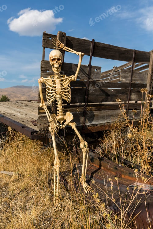 Preview: Skeleton Standing Waving By An Old Truck Bed In A Dead Grass Field