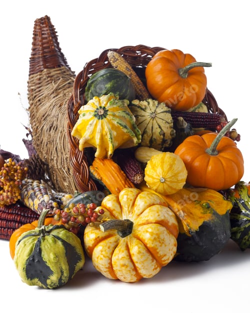 Preview: Thanksgiving Festive Cornucopia Horn Of Plenty Filled With Autumn Fruits And Vegetables; Isolated