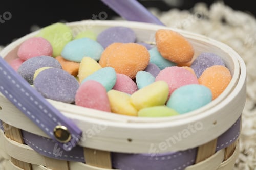 Preview: Easter Gummy Egg Candies In Pink, Blue, Orange, Yellow, Purple, Pink And Green In A Basket