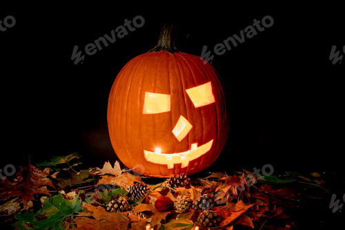 Preview: Illuminated Jack O'Lantern Pumpkin With A Many Autumn Leaves And Pine Cones On A Black Background