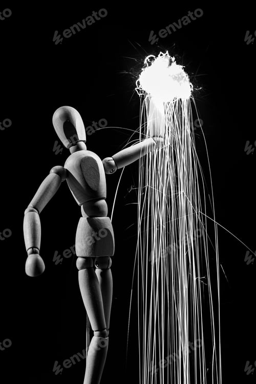 Preview: Art Posing Mannequin Triumphantly Holds A Handful Of Glowing Fire Dripping Sparks