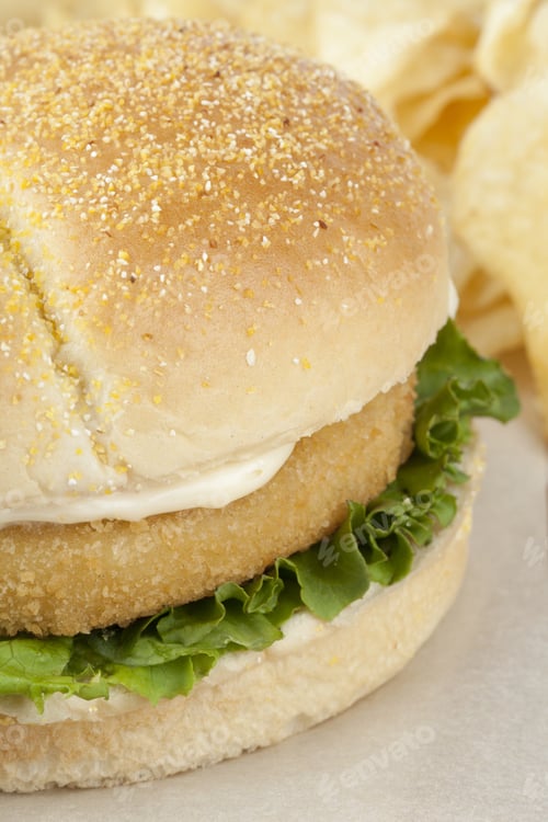 Preview: Closed Up Chicken Burger And Chips