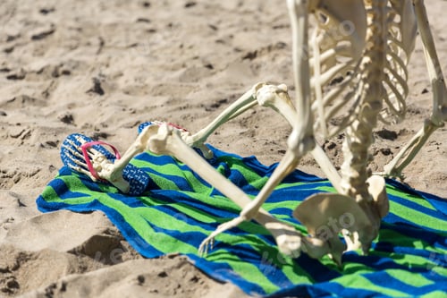 Preview: Skeleton Sits On A Beach Towel Relaxing In The Sand