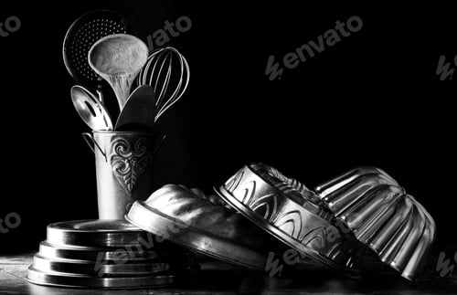 Preview: Black And White Graphic Photo Of Vintage Bundt Cake Pans And A Tin Of Utensils In Behind.