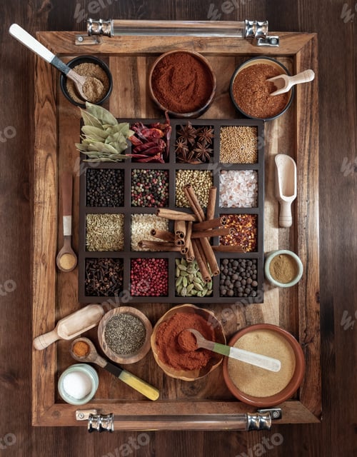 Preview: Top Down View Of A Wooden Tray Filled With Various Ground And Whole Dry Spices In Various Wooden