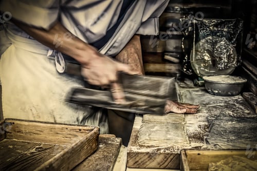 Preview: A Man Making Dough And Cutting Noodles With Knife In Kamakura, Japan.
