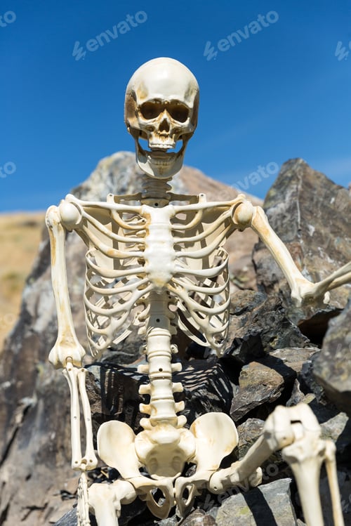 Preview: Skeleton Sitting On Rocks In The Desert With A Beautiful Blue Sky