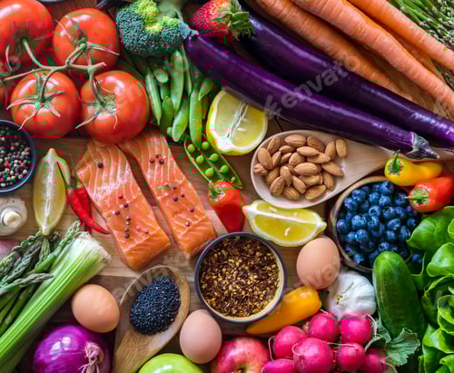 Preview: A Flat Lay Arrangement Of A Selection Of Healthy Clean Eating Foods Including Raw Fruits