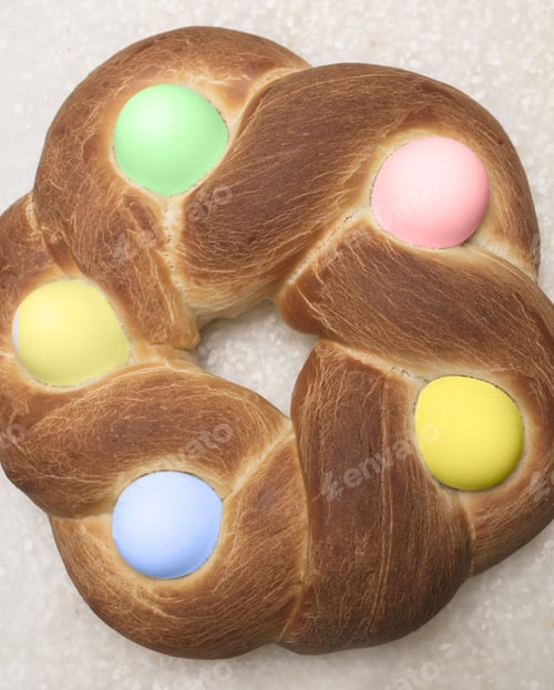 Preview: Braided Easter Bread On A Cutting Board Decorated With Baked Eggs