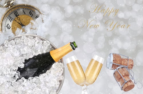 Preview: Happy New Year Collage With Champagne Bucket, Flutes, Corks, And Watch Set To Almost Midnight.