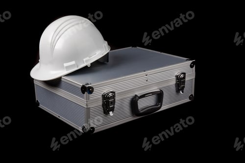 Preview: A White Hard Hat On An Aluminum Equipment Case Isolated On Black