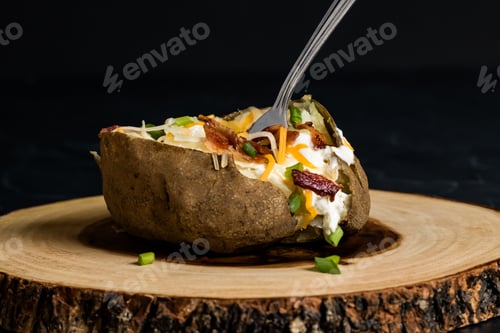 Preview: Front Facing View Of A Large Steaming Baked Potato Topped With Bits Of Bacon, Chopped Green Onion