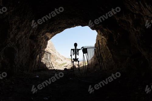 Preview: Skeleton Silhouette In The Mouth Of A Gated Mine Stay Out Stay Alive