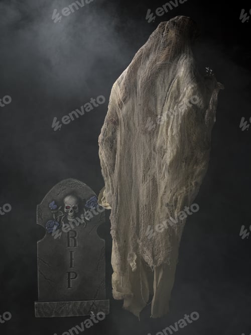 Preview: Ghostly Figure Floating In Grave Yard On Black Background Halloween Themed Image