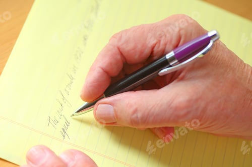 Preview: Older Man Writes In Cursive On A Ruled Yellow Pad Of Paper