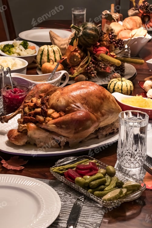 Preview: Front View Of A Thanksgiving Turkey Table Setting Ready For Eating.