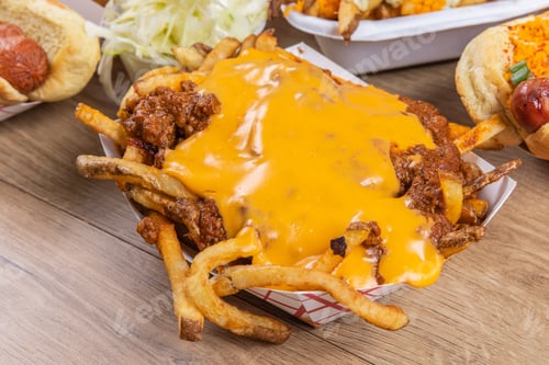 Preview: A Takeout Dish Of French Fries With Chili And Cheese Surrounded By Hotdogs On A Wooden Table