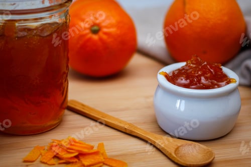 Preview: Orange Marmalade With Oranges And Wooden Spoon