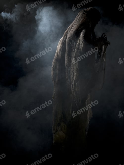 Preview: Ghostly Figure Floating In Grave Yard On Black Background Halloween Themed Image