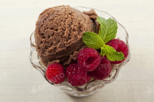 Preview: Close Up And Top View Image Of Chocolate Ice Cream Bowl With Several Strawberries