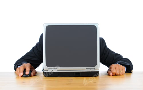 Preview: Businessman Frustrated With Technology With His Head Down On His Laptop. Man Is Hidden Behind