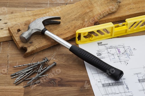 Preview: A Wooden Table With A Plank Of Wood With Construction Equipment
