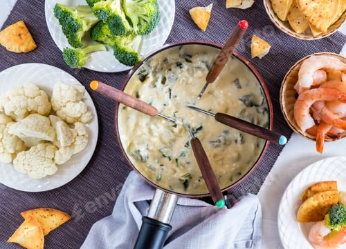 Preview: Close Up Of A Fondue Pot With Spinach And Artichoke Cheese Fondue Surrounded By An Assortment Of