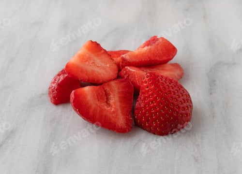 Vista previa: A Serving Of Freshly Cut Strawberries On A Marble Counter Top.