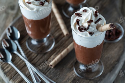 Preview: Chocolate Mousse Dessert Parfaits On A Wooden Board Ready For Serving.