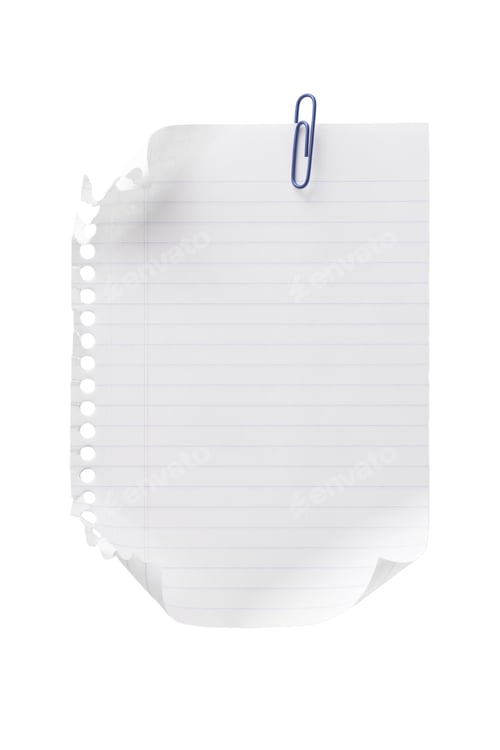 Preview: Ripped Notebook Page With Curly Edges And Blue Paper Clip On Top