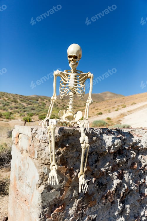 Preview: Skeleton Posing In Mining Ruins In The Desert On A Hot Day