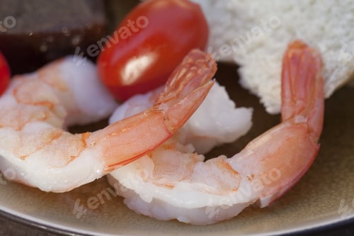 Preview: Plated Tomatoes, Shrimp, Bread, Quince Paste, Cheese Served As An Horderve For A Party