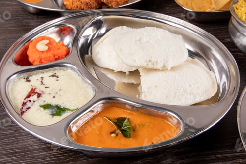 Preview: A Modern Stainless Steel Serving Plate Of Indian Idly Rice Cakes And Dipping Sauces