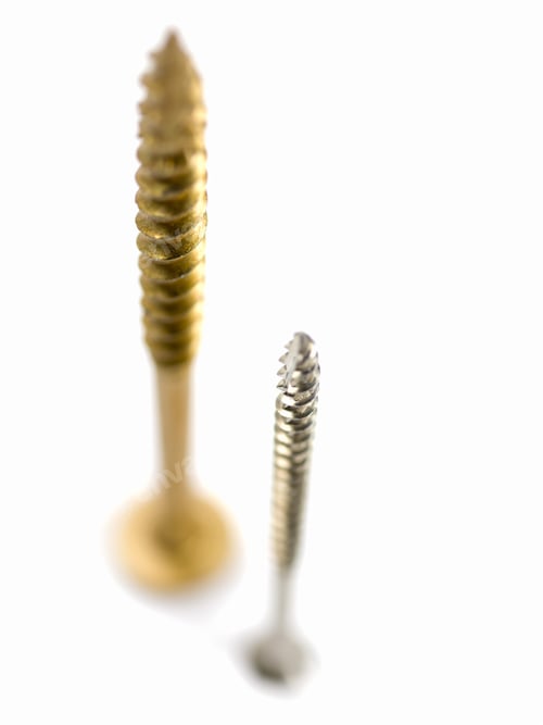 Preview: Brass Wood Screws Selective Focus On White Background
