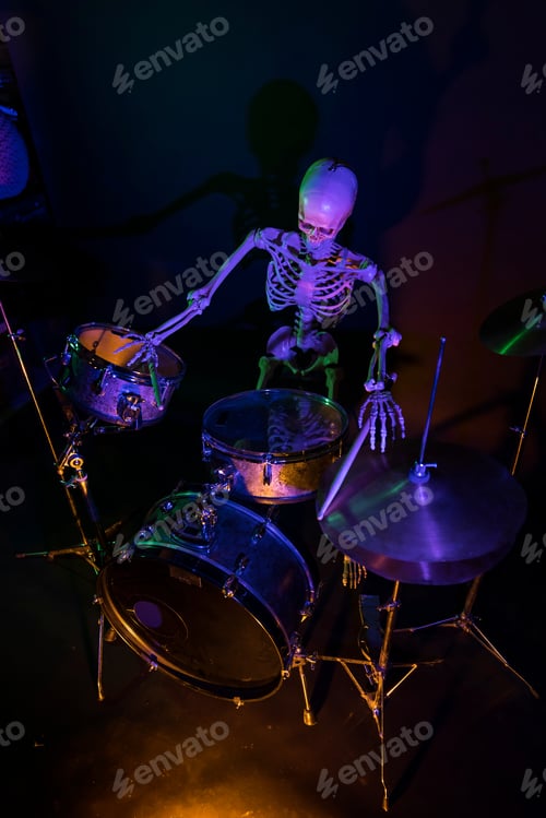 Preview: Top Down View Of Skeleton Playing Drum Set On Black Background