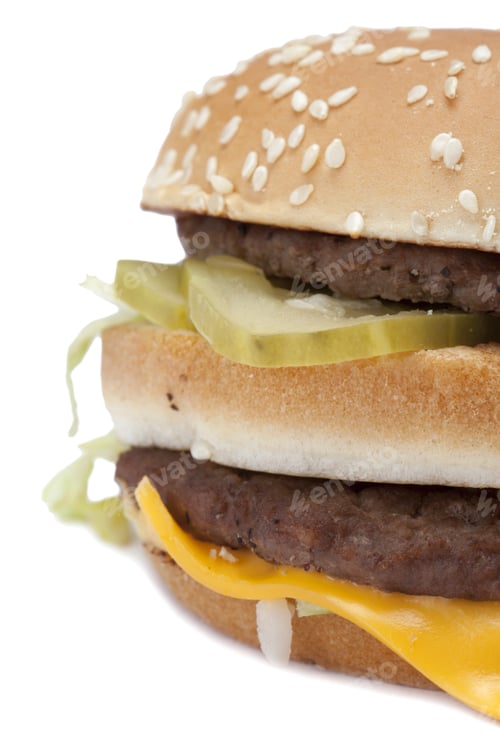 Preview: Close Up Image Of Cropped Image Of Cheese Burger Against White Background